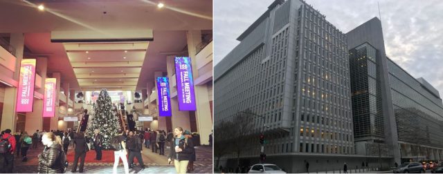 （左）学会が行われたコンベンションセンター。世界中から研究者が集まる。 （右）世界銀行ワシントン局